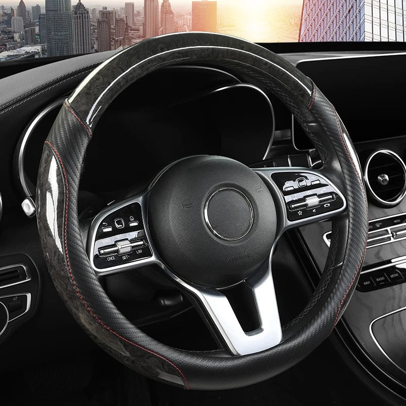 Luxurious Peach Wood & Carbon Fiber Steering Wheel Cover