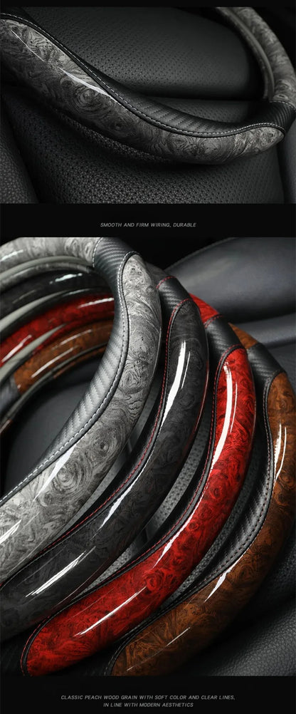 Luxurious Peach Wood & Carbon Fiber Steering Wheel Cover