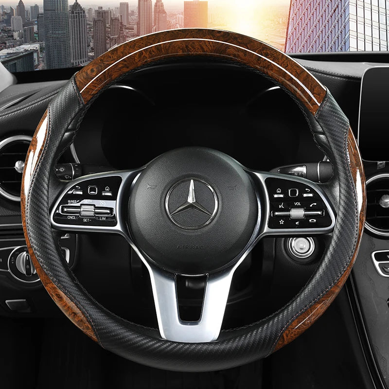 Luxurious Peach Wood & Carbon Fiber Steering Wheel Cover