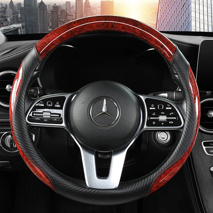 Luxurious Peach Wood & Carbon Fiber Steering Wheel Cover