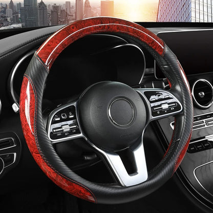 Luxurious Peach Wood & Carbon Fiber Steering Wheel Cover